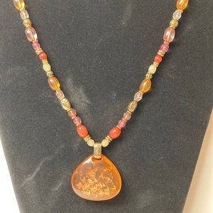 19" Colorful Beaded Necklace with Large Orange Drop Accent